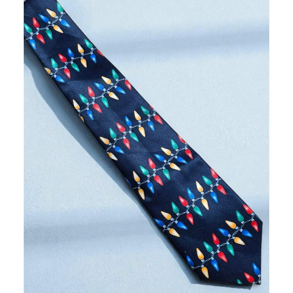 VTG Parquet Christmas Light Neck Tie Multicolor Bulbs Navy Blue Holiday Novelty